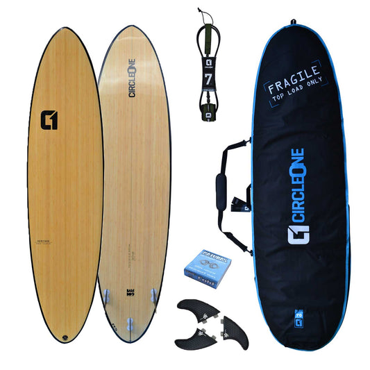 7′ 6″ Bamboo Round Tail Mini Mal Surfboard Package – Includes Bag, Leash, Fins & Wax