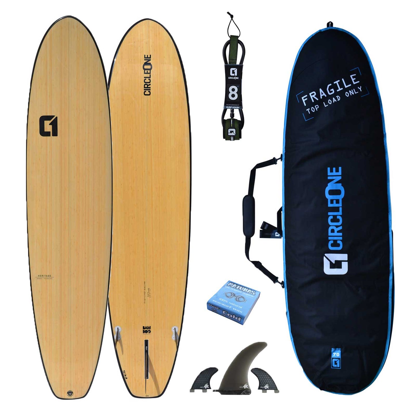 8′ Bamboo Squash Tail Mini Mal Surfboard Package – Includes Bag, Leash, Fins & Wax | Funky Town Shop