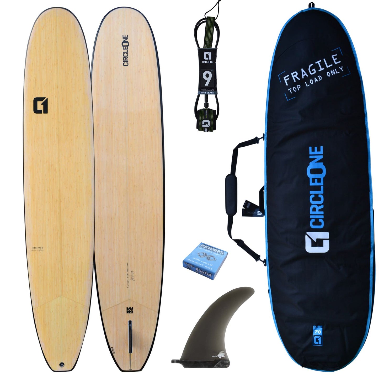 9′ 6″ Bamboo Noserider Longboard Package – Includes Bag, Leash, Fins & Wax