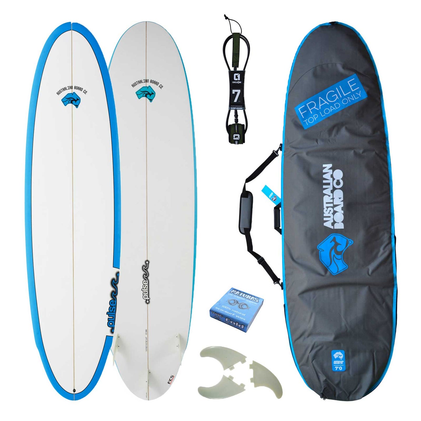 7ft Pulse Mini Mal Surfboard by Australian Board Company Package – Includes Bag, Fins & Leash