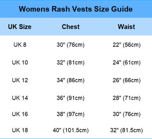 Womens Rash Vest – Kona Lycra Short Sleeve Size Guide | Funky Town Shop